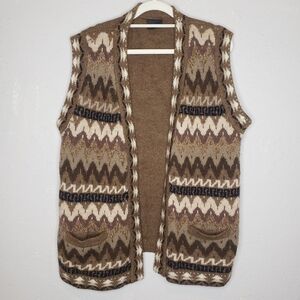 Inca 100% Alpaca Wool Vest Brown Patterned Women's Cardigan Open Front